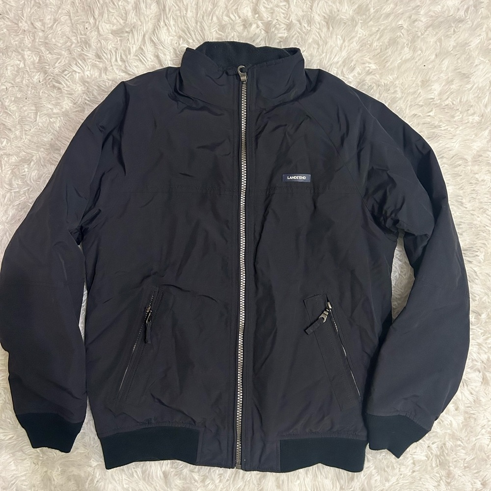 Lands End deep navy black bomber coat jacket fleece lined waterproof men’s small